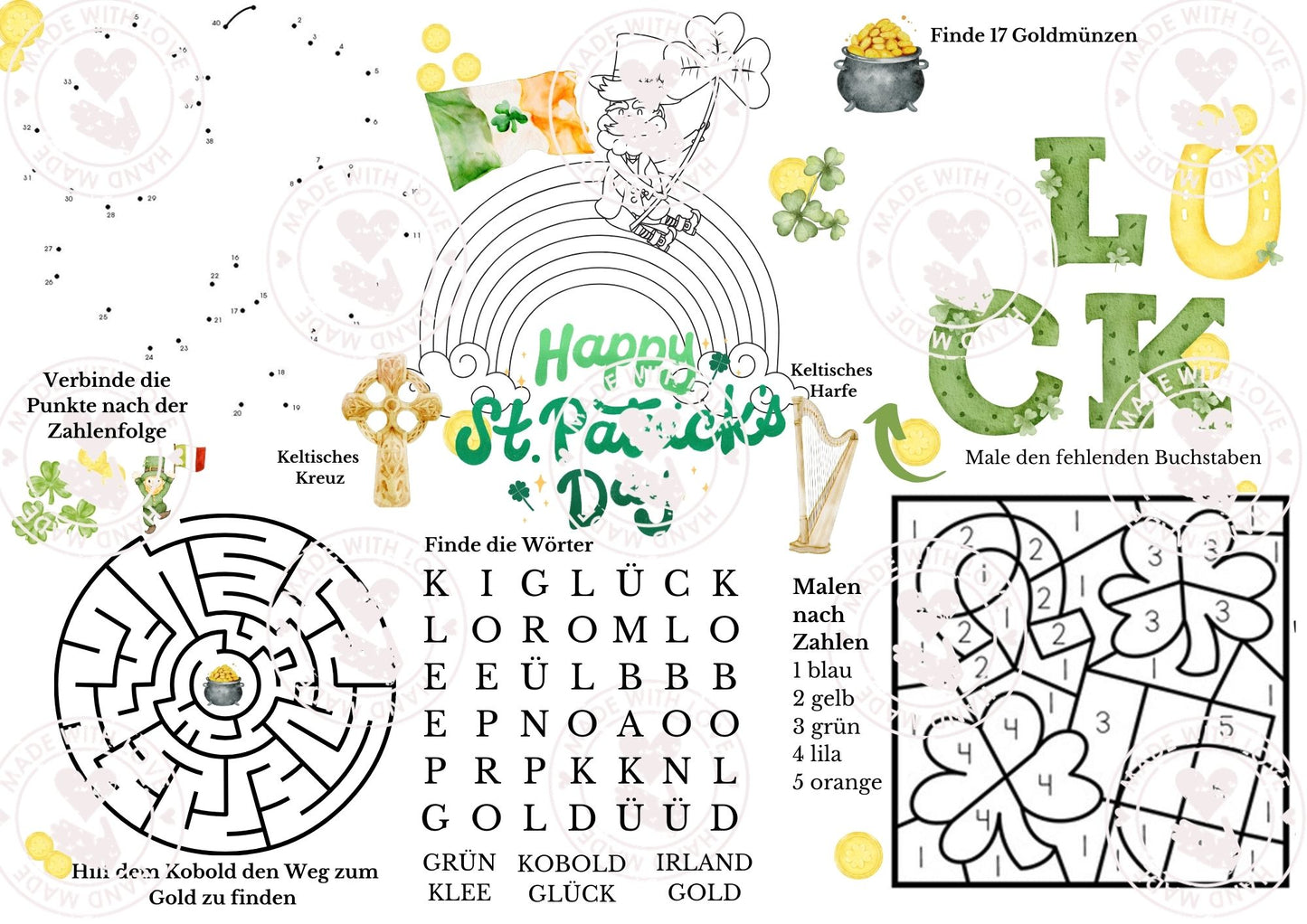 St. Patrick's Day Tischset zum Ausdrucken für Kinder | Die kleine Fetenkiste | Ausmalbild Rätselbild Vorlage zum herunterladen St. Patrick 17. März