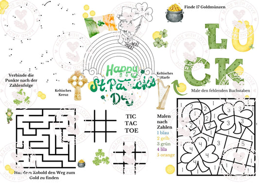 St. Patrick's Day Tischset zum Ausdrucken für Kinder | Die kleine Fetenkiste | Ausmalbild Rätselbild Vorlage zum herunterladen St. Patrick 17. März