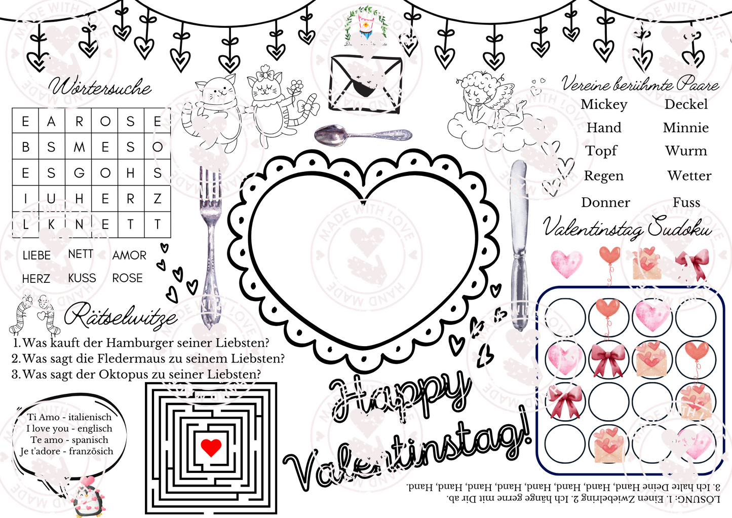 Valentinstag Tischset zum Ausdrucken für Kinder | Die kleine Fetenkiste | Ausmalbild Rätselbild Vorlage zum herunterladen Valentinstag für Kinder Herz Liebe