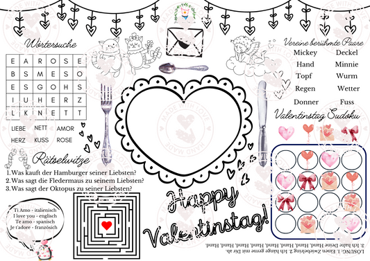Valentinstag Tischset zum Ausdrucken für Kinder | Die kleine Fetenkiste | Ausmalbild Rätselbild Vorlage zum herunterladen Valentinstag für Kinder Herz Liebe