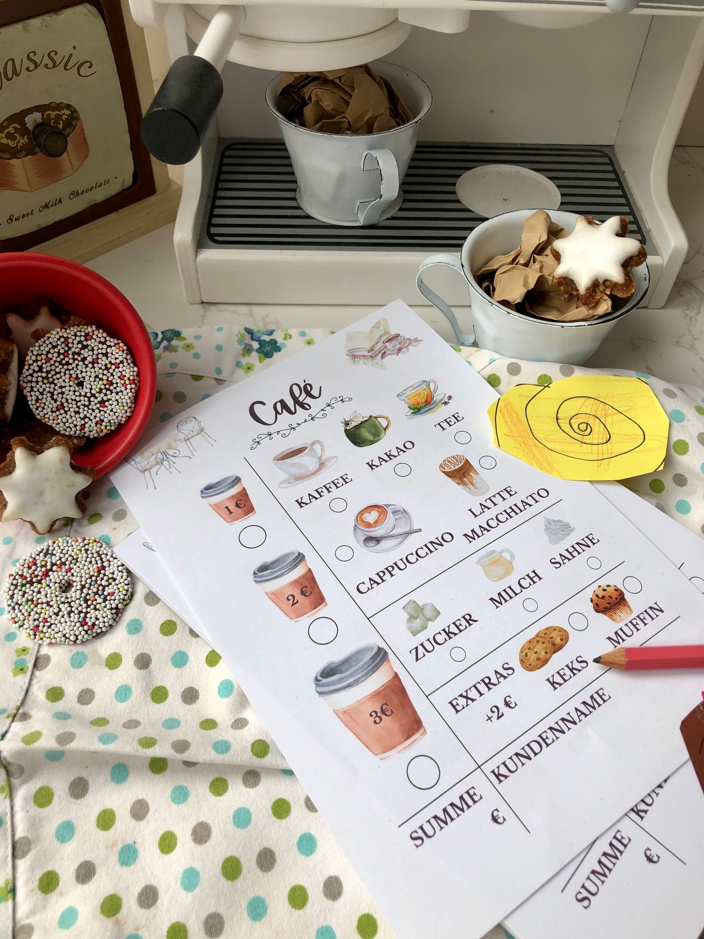 Café Rollenspiel Spielblock | Die kleine Fetenkiste | Spielküche Zubehör Notizblock Café spielen