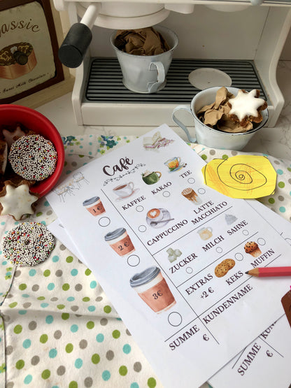 Café Rollenspiel Spielblock | Die kleine Fetenkiste | Spielküche Zubehör Notizblock Café spielen