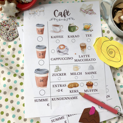 Café Rollenspiel Spielblock | Die kleine Fetenkiste | Spielküche Zubehör Notizblock Café spielen