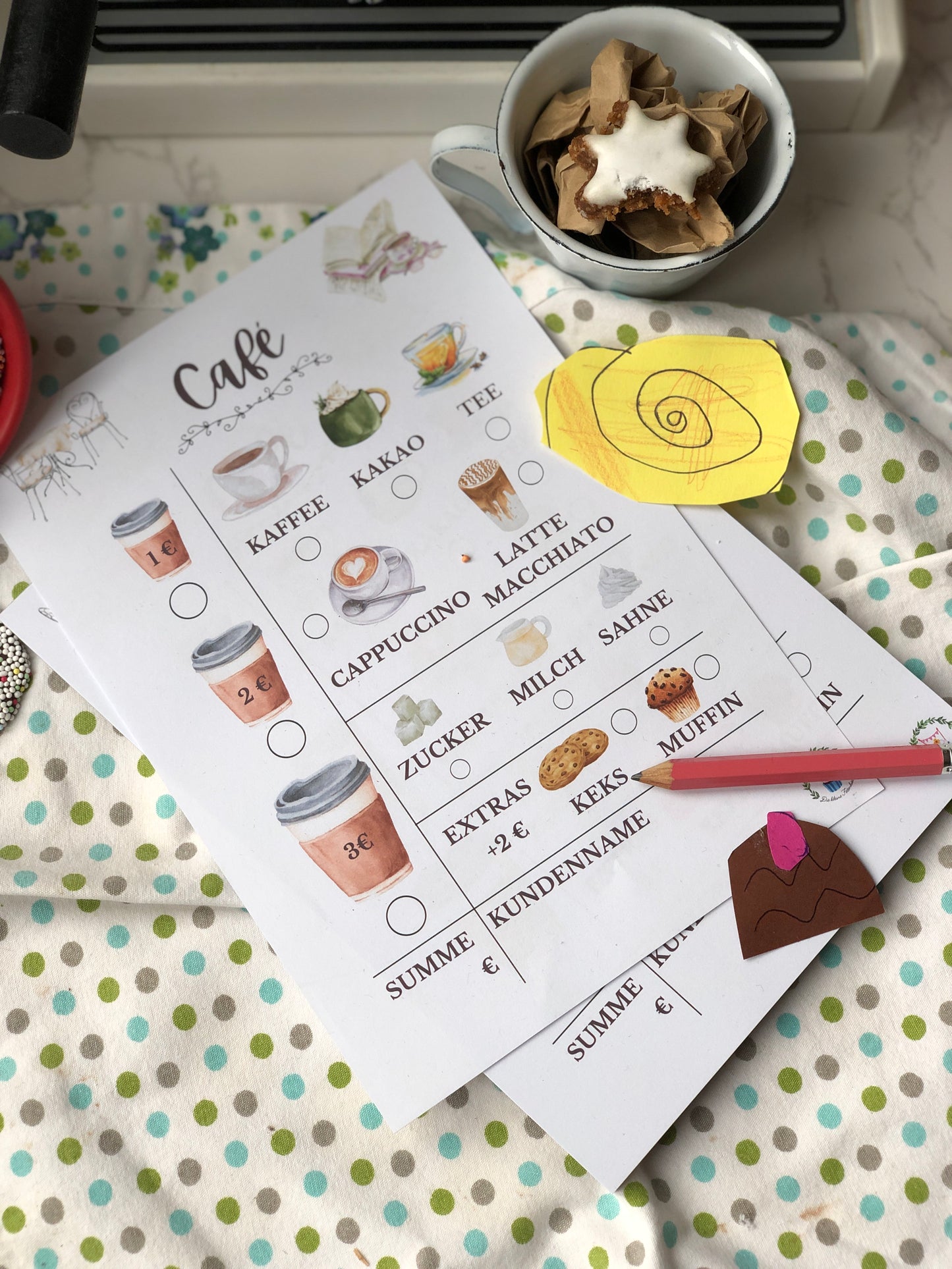 Café Rollenspiel Spielblock | Die kleine Fetenkiste | Spielküche Zubehör Notizblock Café spielen