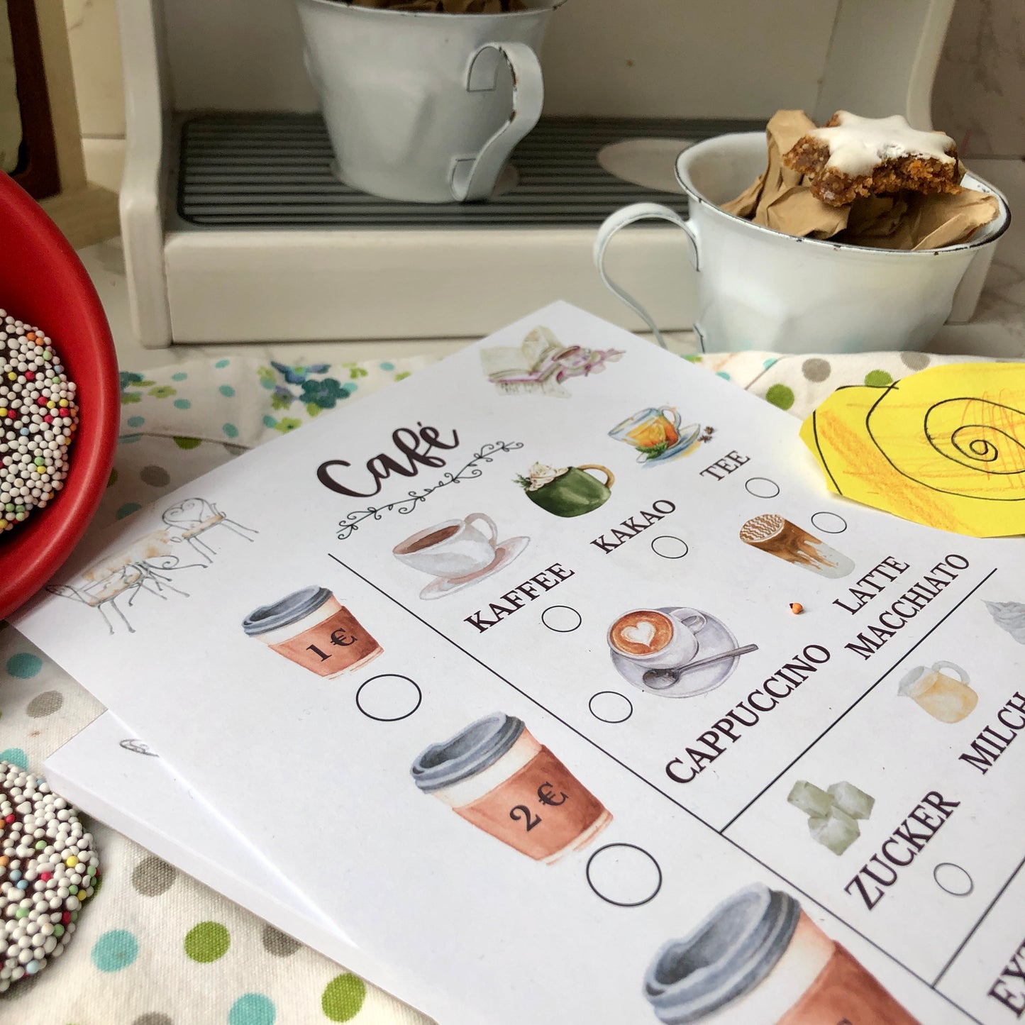 Café Rollenspiel Spielblock | Die kleine Fetenkiste | Spielküche Zubehör Notizblock Café spielen