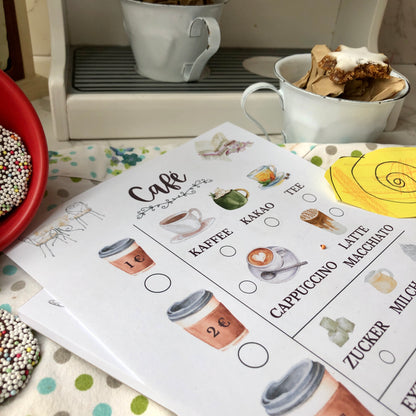 Café Rollenspiel Spielblock | Die kleine Fetenkiste | Spielküche Zubehör Notizblock Café spielen