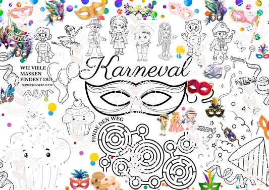 Karneval Fasching Tischset zum Ausdrucken für Kinder | Die kleine Fetenkiste | Ausmalbild Rätselbild Vorlage zum herunterladen Fastnacht