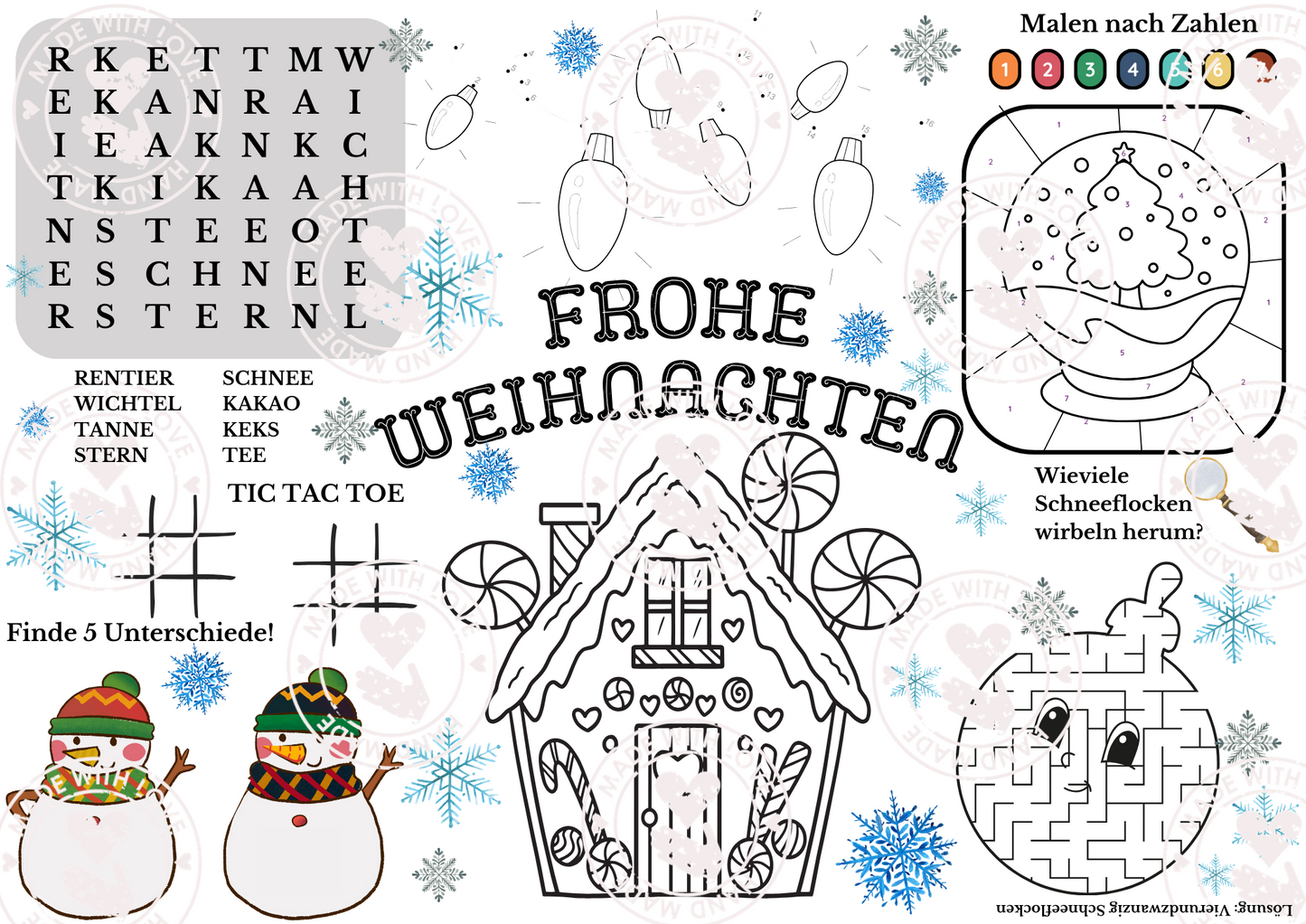 Weihnachten Adventszeit Tischset zum Ausdrucken für Kinder | Die kleine Fetenkiste | Ausmalbild Rätselbild Vorlage zum herunterladen für Weihnachten Adventszeit