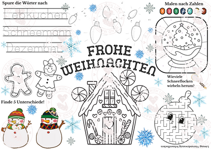 Weihnachten Adventszeit Tischset zum Ausdrucken für Kinder | Die kleine Fetenkiste | Ausmalbild Rätselbild Vorlage zum herunterladen für Weihnachten Adventszeit