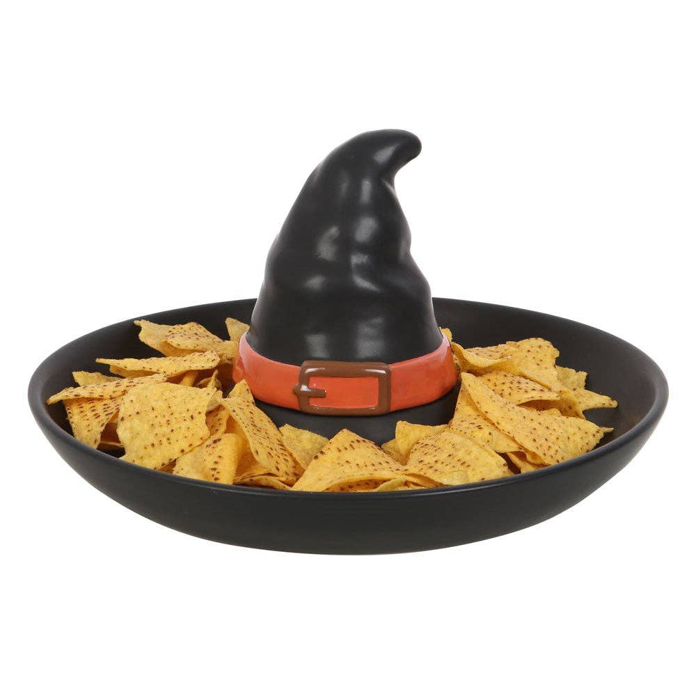 Halloween-Serviertablett aus Porzellan mit Hexenhut mit Chips und Dip | Die kleine Fetenkiste | Hexe Keramikschale