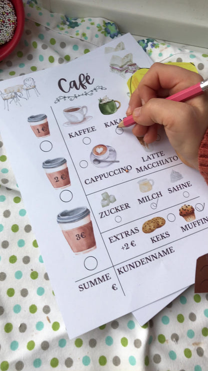 Café Rollenspiel Spielblock | Die kleine Fetenkiste | Spielküche Zubehör Notizblock Café spielen